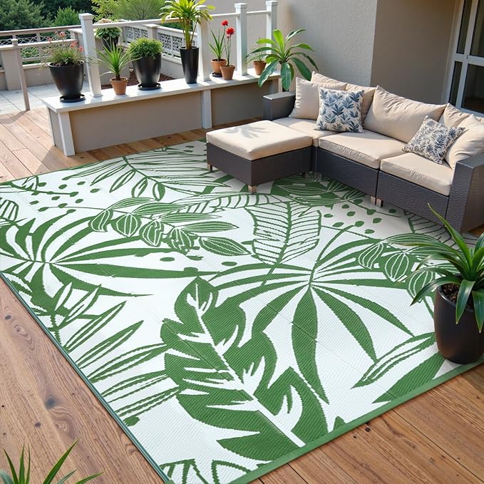 Anidaroel Leaf Outdoor Rugs 8x10ft for Patios Clearance Waterproof, Reversible Tropical Plastic Straw Camping Mat Outside Area Rug for RV, Backyard, Deck, Balcony, Picnic, Beach(Green,8'x10')