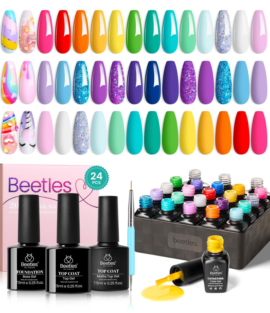 Beetles Pastel Gel Nail Polish Set, 24 Pcs Purple Blue Hot Red Spring Gel Nail Polish Green Glitter Gel Polish Unicorn Collectio