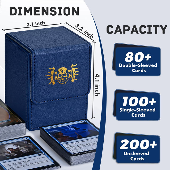 ZLCA Card Deck Box for MTG Cards with 2 Dividers, Card Storage Box Fits 100+ Single Sleeved Cards, PU Leather TCG Card Deck Case Holder for Magic Commander Yugioh (Blue,Hammer)