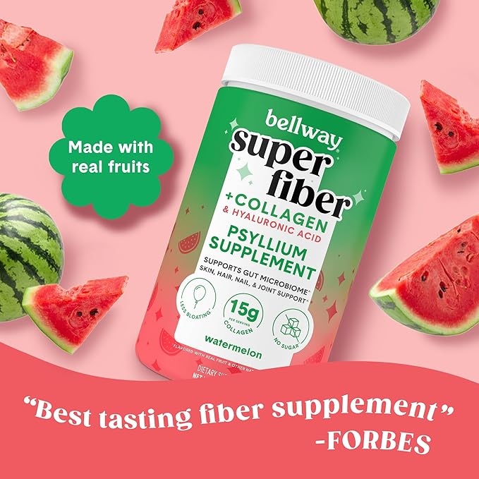 Bellway Super Fiber Powder + Collagen, Sugar-Free Psyllium Husk Powder with Collagen Peptides and Hyaluronic Acid for Gut Health, Healthy Skin, Nails, Bones & Joints, Watermelon (10.6 oz)
