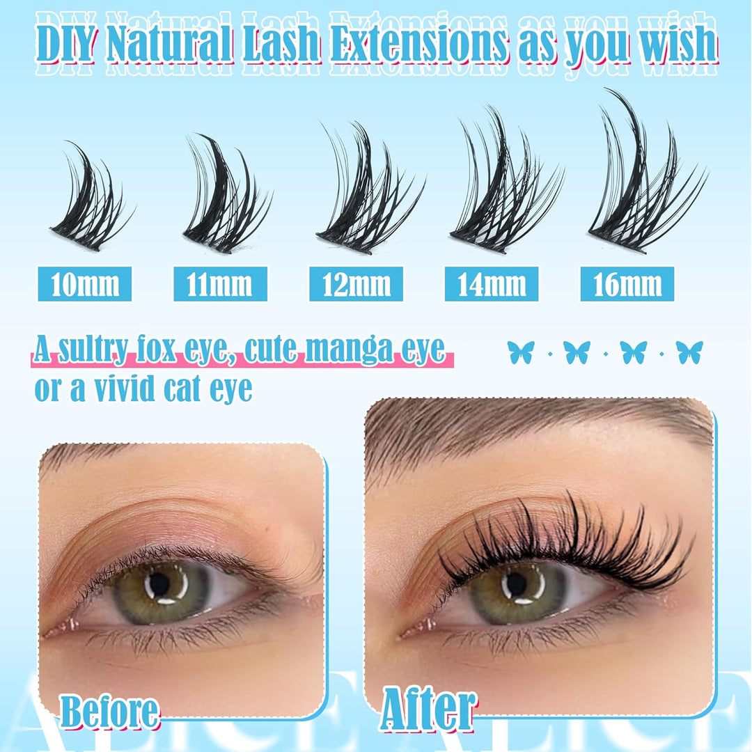 ALICE DIY Natural Lash Clusters | Wispy Anime Cat Eye | 10-16mm, 144 Pcs