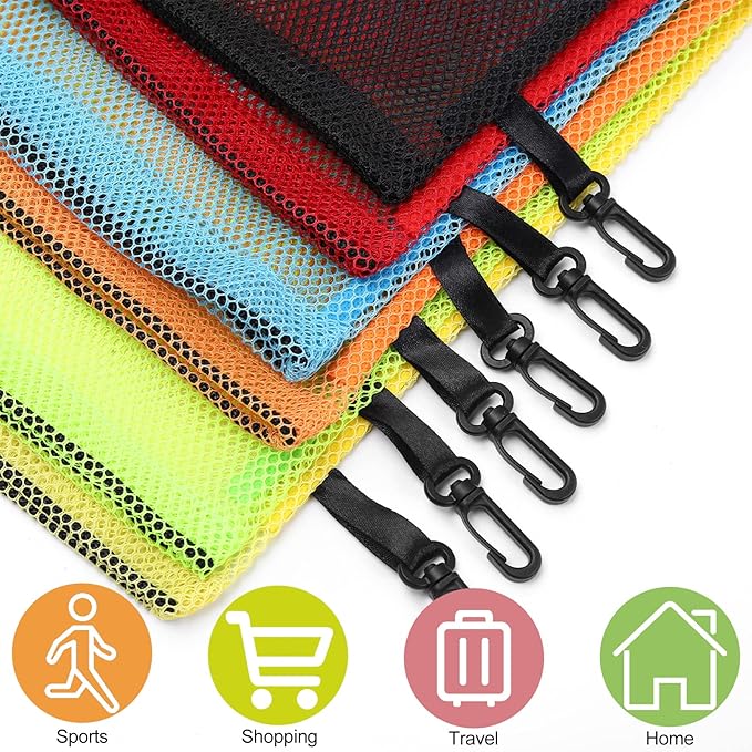 iMucci 12 Pieces 6 color Mesh Drawstring Bag with Clips, Nylon Drawstring Bags Pocket Foldable Beach Bag with Cord Lock for Swimming Collecting Toys Laundry Sports Gym Beach Travel
