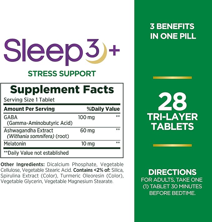 Stress Support Melatonin by Nature's Bounty, Sleep3 Maximum Strength 100% Drug Free Sleep Aid, Dietary Supplement with Ashwagandha, Time Release Technology, 10mg, 28 Tri-Layered Tablets