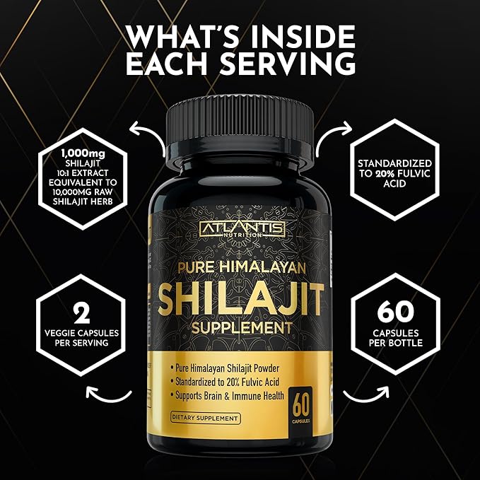 Atlantis Nutrition Himalayan Shilajit Capsules Formulated with 20% Fulvic Acid | 10:1 Extract Providing 10,000mg D.H.E. | USA Made | Himalayan Shilajit Supplement for Men & Women | 120 Capsules