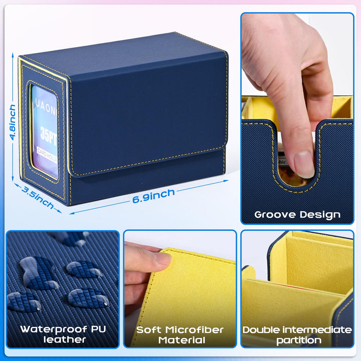 UAONO Deck Box with Dual Commander Displays, Card Storage Box Holds 280+ Single-Sleeved Cards, Trading Card Box Suitable for CCG, MTG, EDH (Blue&Yellow)