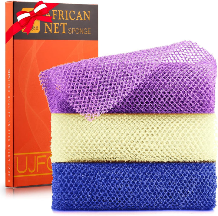 3-Piece African Net Bath Sponge Set | Exfoliating Body Scrubber | Black, Blue, Brown
