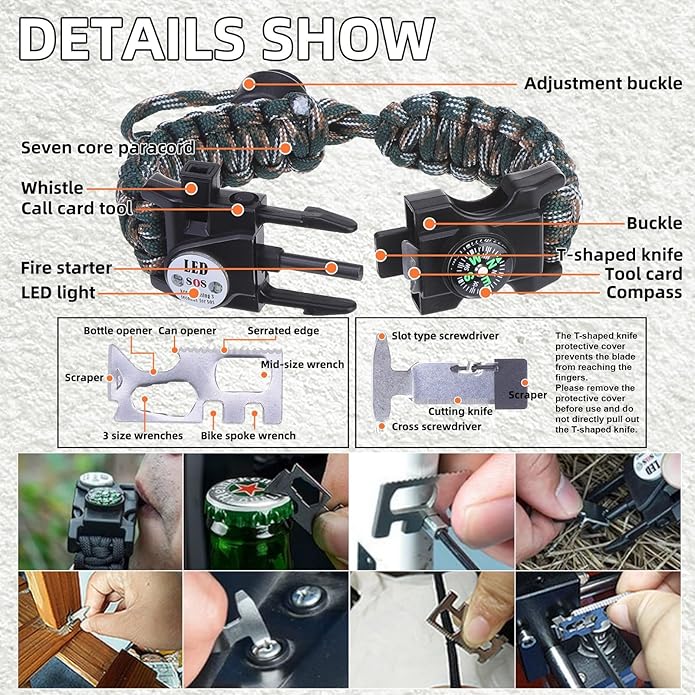 Adjustable Survival Paracord Bracelet, 2 Pack Emergency Fire Starter Kit with Loud Whistle Compass Light Flint Steel for Hiking Fishing Hunting, Tactical Gear Equipment Multitools