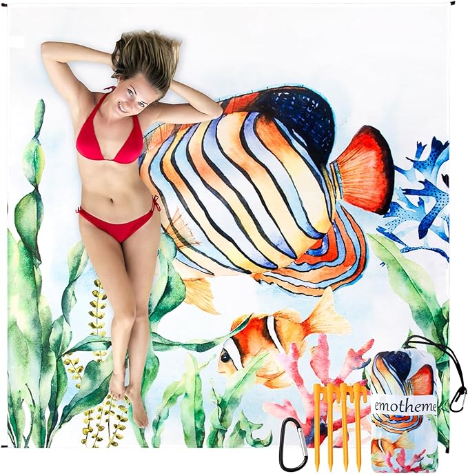 Beach Blanket, Sandproof Beach Mat 79" X 82" for 4-7 Adults, Large Waterproof Beach Blanket Quick Drying Lightweight Beach Blanket with 4 Stakes for Travel Camping Hiking (Deep Sea)