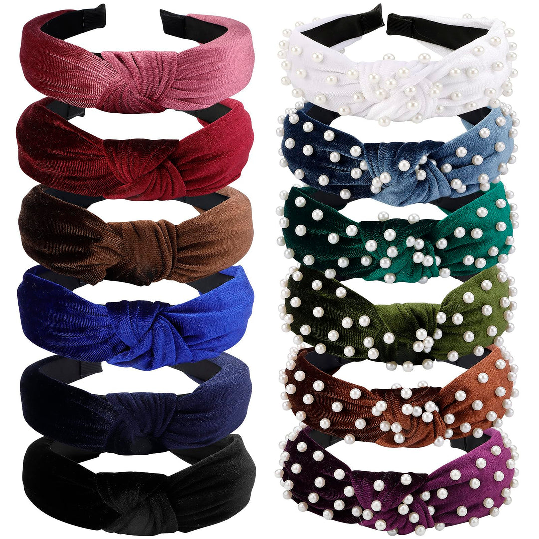 VELSCRUN Pearl Headband, 12 pcs Knotted Headbands for Women - Hair Bands with Beaded Non Slip Wide Top Knot - Velvet Hair Bands for Women's Hair Accessories for Women Girls Gifts, Black White Pink Red