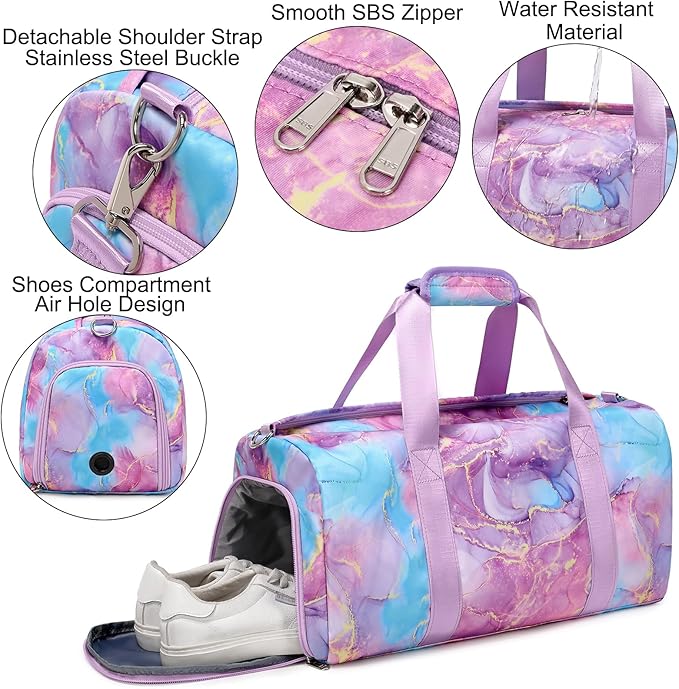 Gym Bag Sports Duffle Bag Dance Bag Ballet Bag with Separate Dry Wet Pocket and Shoes Compartment Weekender Overnight Bag Travel Foldable Bag for Girls Teen Women(Purple)