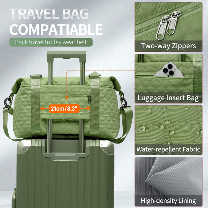 FIORETTO Women's Water-Resistant Travel Gym Duffle Bag with Detachable Strap, Multi-Functional, Ideal for Travel, Gym, Sports, Weekender, DUffel, with Toiletry Bag, Green