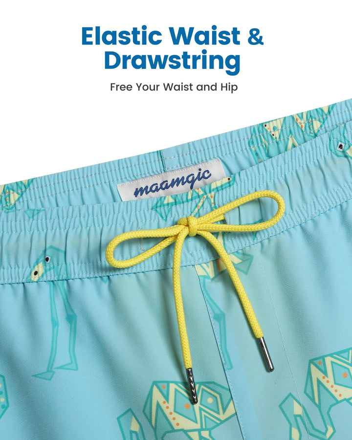 maamgic Mens Swim Trunks with Compression Liner 5" Stretch Athletic Swimming Shorts Quick Dry with Zipper Pockets No-Chafing Board Shorts Blue-Geometric Flamingo X-Small