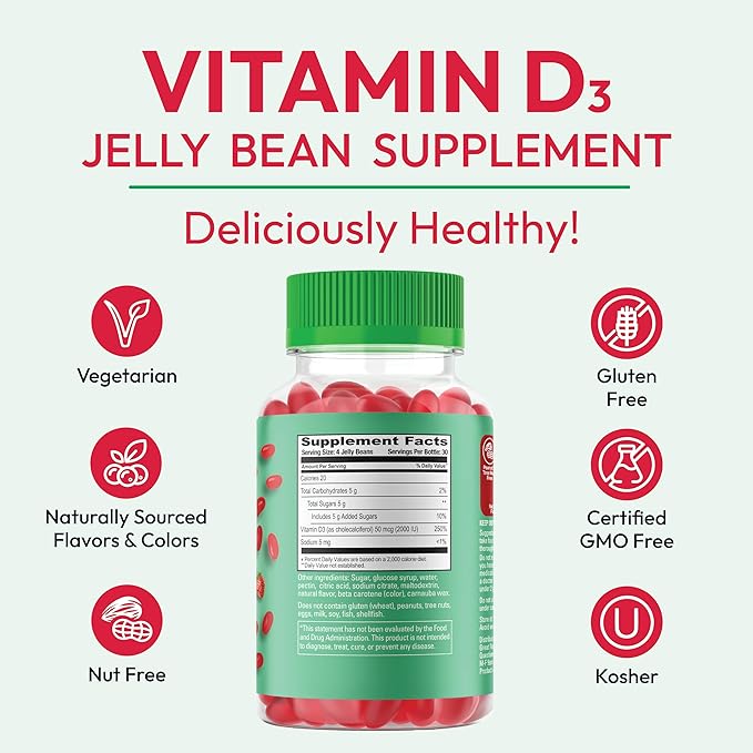 Vitamin D3 Jelly Bean Gummies for Adults, Immunity Support, 2000 IU Vitamin D, Nutritional Vegetarian Supplements, 120 Strawberry Blast Jelly Beans, Kosher