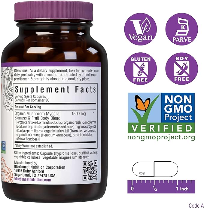 BlueBonnet Nutrition Myco-7 Mushroom Defense – 7 Organically Grown U.S. Whole, Full-Cycle Mushrooms – for Immune & Wellness - Soy-Free, Gluten-Free, Non-GMO, Kosher, and Vegan – 60 Vegetable Capsules
