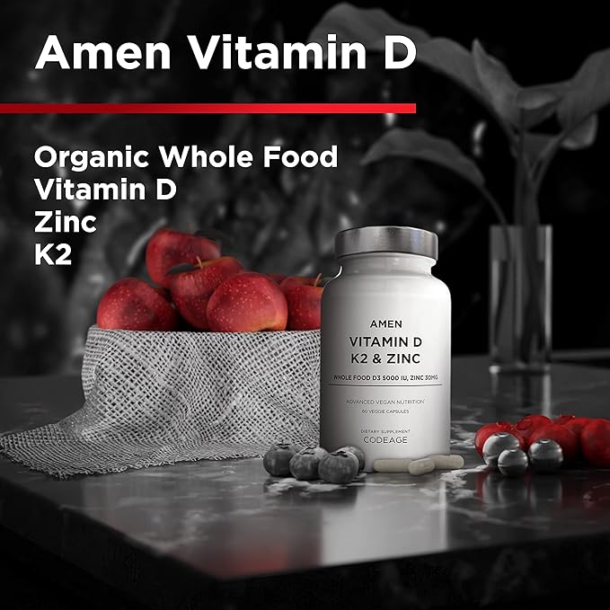Amen Vitamin D, K2 & Zinc, Cholecalciferol D3 5000 IU, Organic Whole Food Blend with Apple, Blueberry, Cranberry, Elderberry Powder Fruits, Vegan Supplement, D3 K2 Vitamins, Non-GMO - 60 Capsules