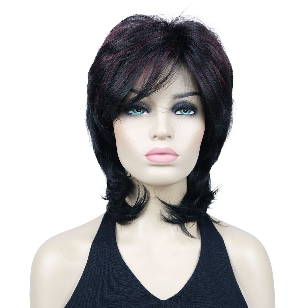 Lydell 16" Long Straight Wigs Soft Shaggy Layered Wigs Classic Cap Full Synthetic Hairpieces (1B-39T Black with Highlight Dark Red)