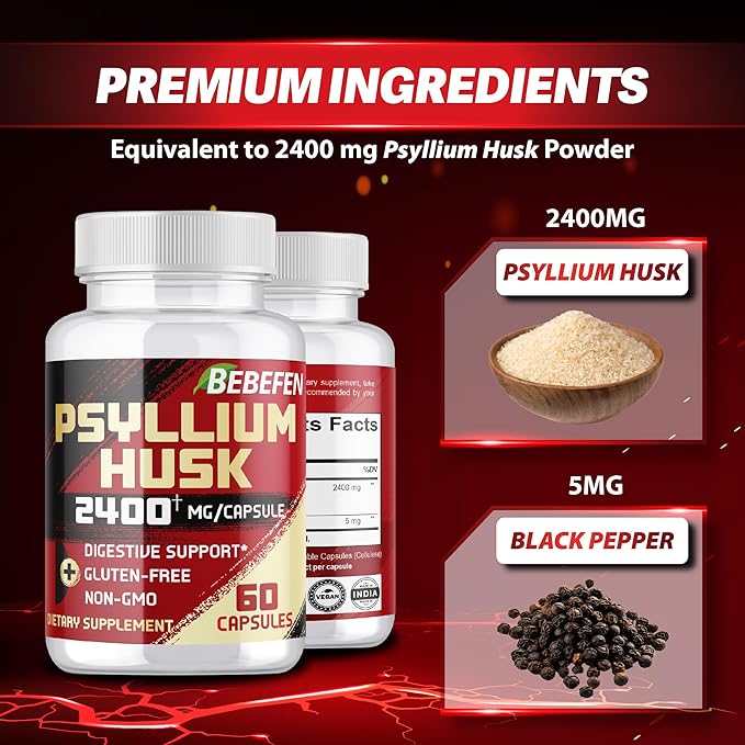 BEBEFEN Psyllium Husk Capsules 2400mg with Black Pepper - 2 Month Supply - Daily Soluble Fiber for Gut Health - Non-GMO and Gluten-Free Formula