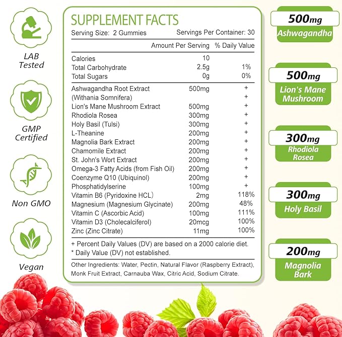 2 Pack 16-in-1 Cortisol Gummies for Women, Sugar Free Cortisol Gummies Supplement with Ashwagandha, Rhodiola Rosea, Magnesium, L-theanine for Relaxation, Sleep, Cognition, Raspberry Flavor, 120Ct