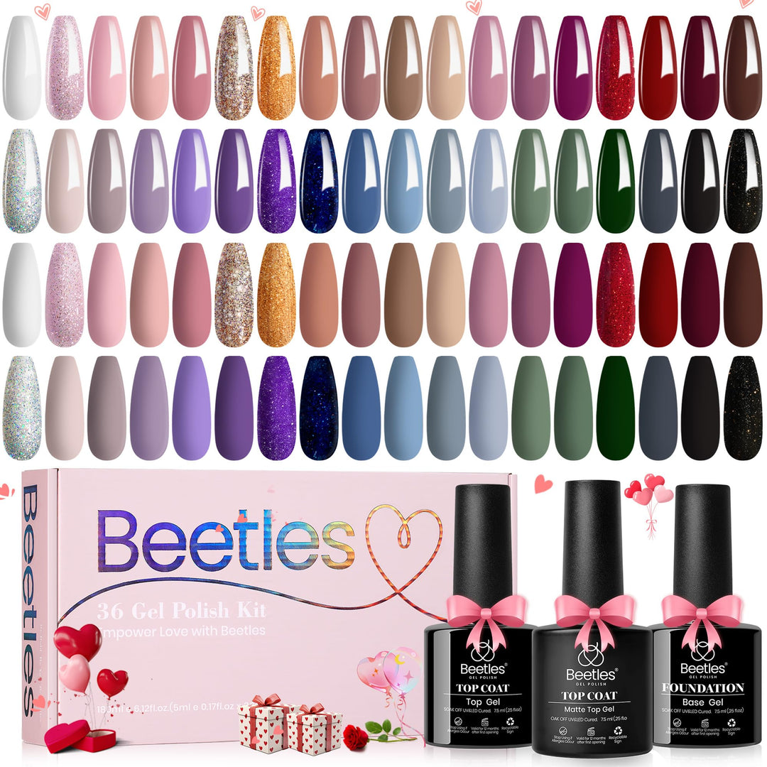 Beetles Gel Nail Polish Set, 36 Colors Spring Nail Gel Polish Kit Neutral Pink Red Blue Green Brown Gold Glitter With Base Coat