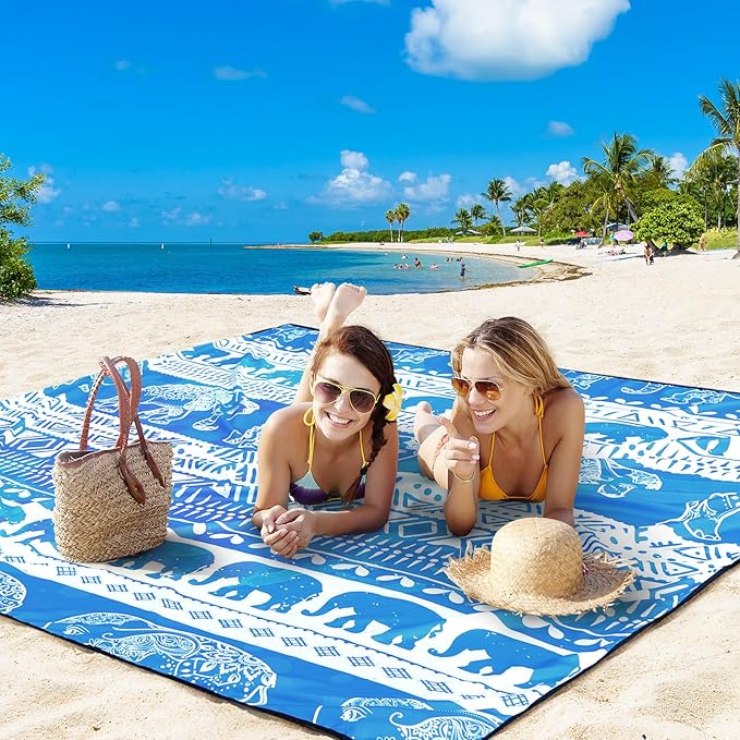 Beach Blanket Waterproof Sandproof Beach Mat for 1-8 Adults Quick Drying Durable Outdoor Picnic Mat for Beach Festival Travel Camping Hiking (Elephant-GC BL, 79"×83"(4 Person))