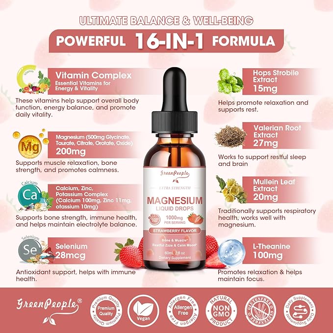 Magnesium Glycinate Liquid Drops - 1000mg 5-in-1 High Absorption Liquid Magnesium Complex with D3/K2/B6 | Fast-Acting, Bone, Muscle & Sleep | Sugar-Free Strawberry Flavor, 2fl Oz 2 Pack