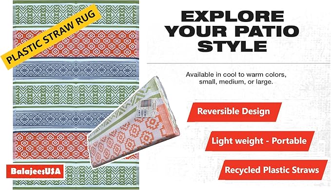 BalajeesUSA Outdoor Rugs–9x18 Plastic Patio Decor Green, Orange, Durable and Affordable Recycled Straw Picnic All-Weather and Waterproof Reversible Camper Awning mats 7742