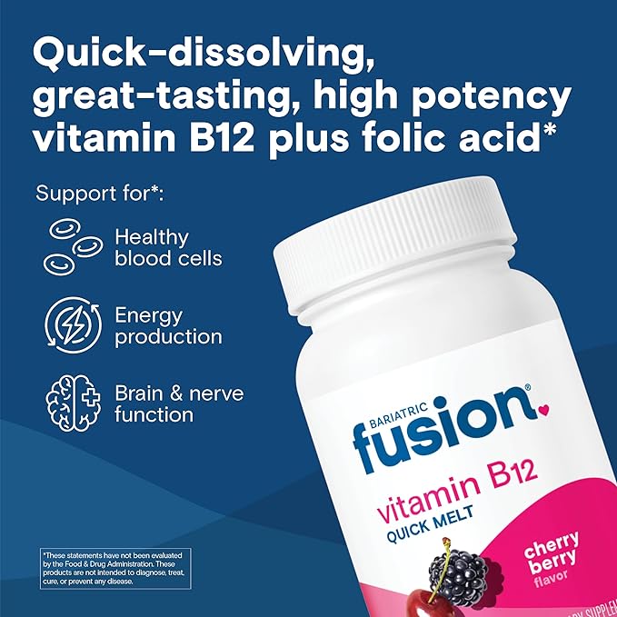 Bariatric Fusion Vitamin B12 Sublingual 1000 mcg Melts | Cherry Berry Flavored | Vitamin B12 Dissolve Under Tongue Tablets with Folic Acid | Sugar Free | Methylcobalamin | 90 Count