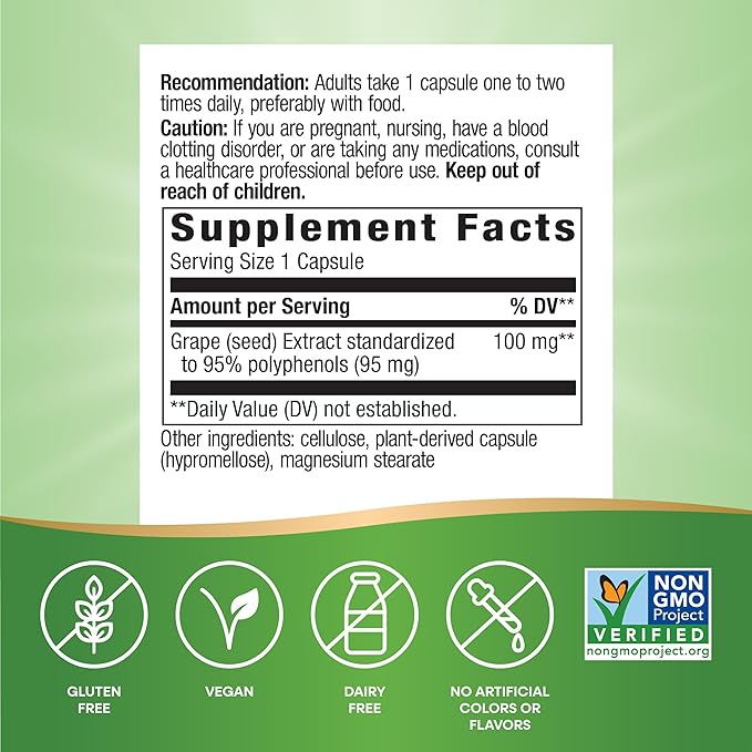 Nature's Way Grape Seed Premium Extract, Supports Healthy Skin and Veins*, Antioxidant Support*, Non-GMO Project Verified, 60 Vegan Capsules (Packaging May Vary)