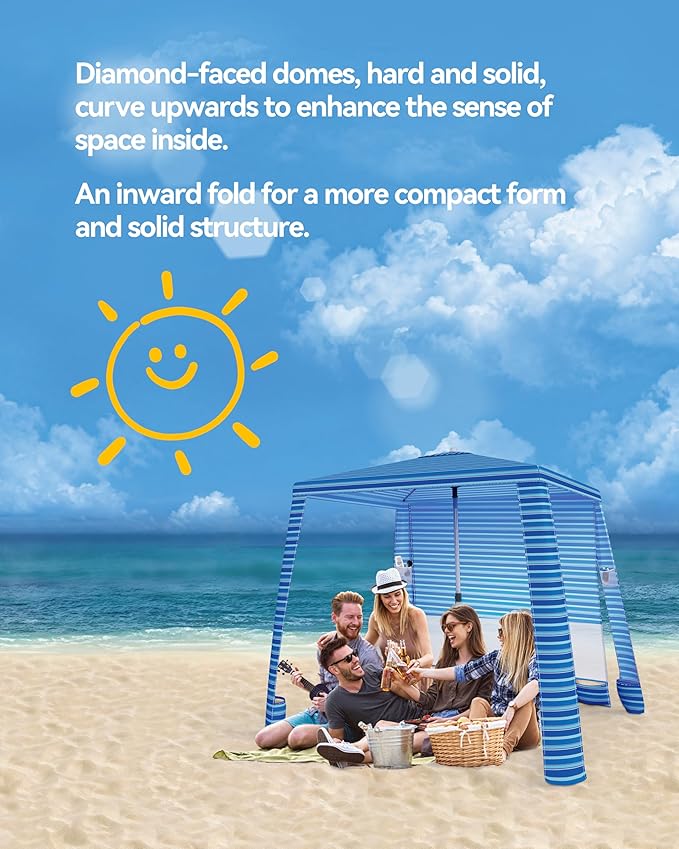 Beach Cabana - Cool 6.2’x6.2’ UPF 50+ Sun Shade, Easy Setup & Portable, Waterproof Canopy with Sand Pockets, Side Wall & Beach Umbrella Tent Design - Perfect for Family Trips, Picnics & Camping