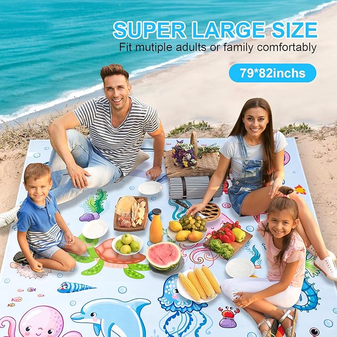 Beach Blanket, Sandproof Beach Mat 79" X 82" for 4-7 Adults, Large Waterproof Beach Blanket Quick Drying Lightweight Beach Blanket with 4 Stakes for Travel Camping Hiking (Ocean)