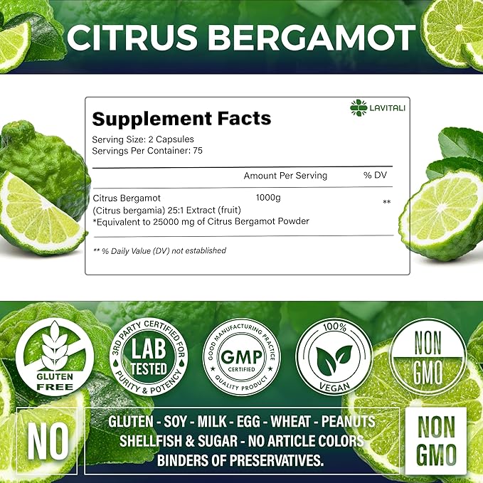 25x Concentrated Citrus Bergamot Extract Capsules, 150 Veggie Capsules, Citrus Bergamot 1000mg Capsules, Non-GMO, Gluten-Free, All Natural, Vegetarian Capsules