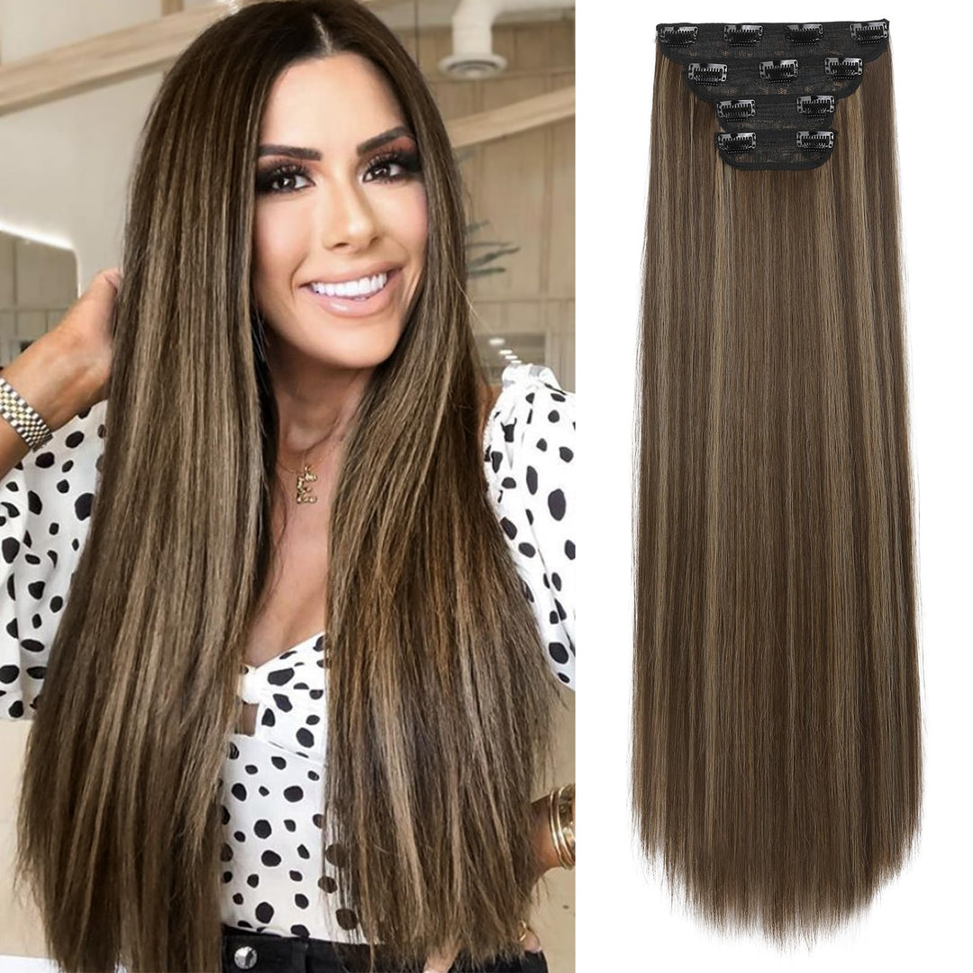 Reecho 28'' Straight Long 4 Pcs Set Thick Clip In On Hair Extensions -Chocolate Brown With Highlights