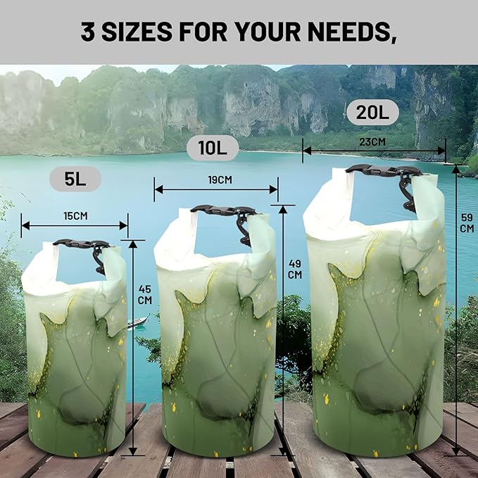 Waterproof Dry Bag,Roll Top Sage Green Marble Waterproof Backpack 5L/10L/20L Floating and Lightweight Bags for Kayaking, Boating, Fishing, Swimming and Camping