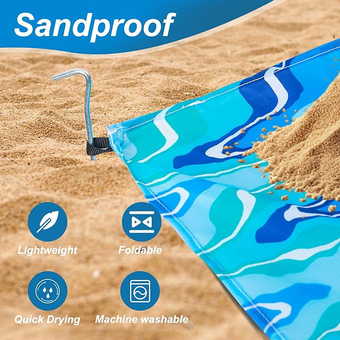 Beach Blanket Sandproof Beach Mat,82" X 82" for 1-4 Adults,Lightweight Quick Drying Picnic Mat for Travel, Camping, Hiking,Portable Beach Blanket