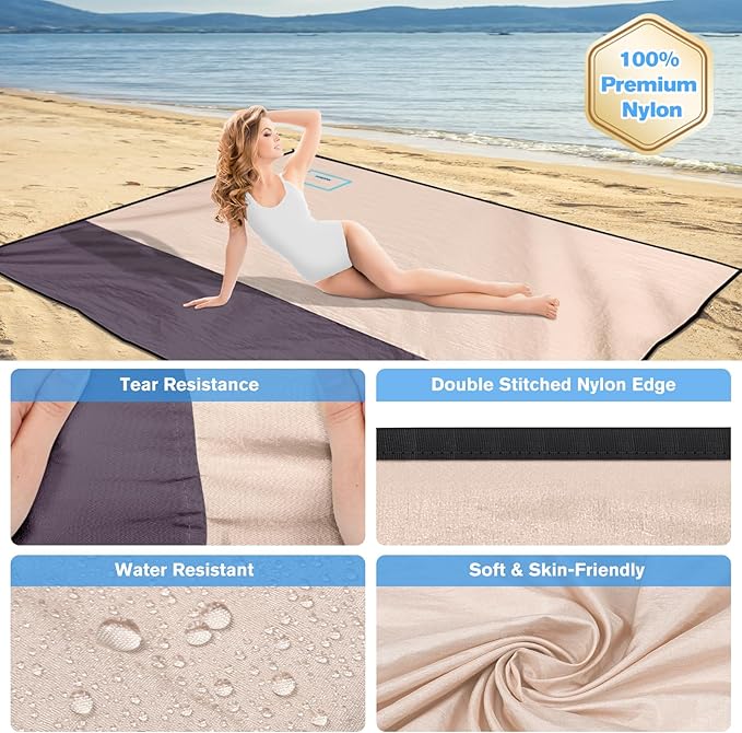 Beach Blanket Waterproof Sandproof Large Beach Mat 79" X 87", Quick Drying Durable Portable Lightweight Outdoor Nylon Picnic Blanket for Travel Camping Hiking, Champagne Gold