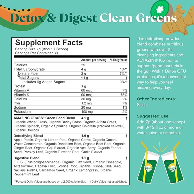 Amazing Grass Greens Superfood Detox & Digest: Greens Powder with Digestive Enzymes & Probiotics, Clean Green, 30 Servings (Packaging May Vary)