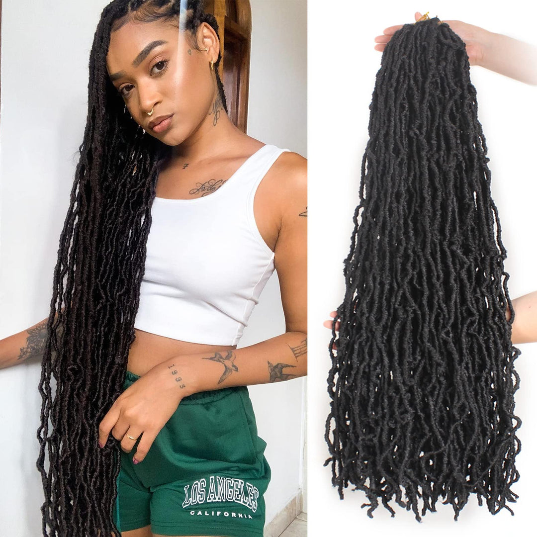 Zrq 36 Inch New Faux Locs Crochet Hair 3Packs Natural Black Pre-Looped Long Goddess Locs Synthetic Curly Wavy Soft Locs Crochet