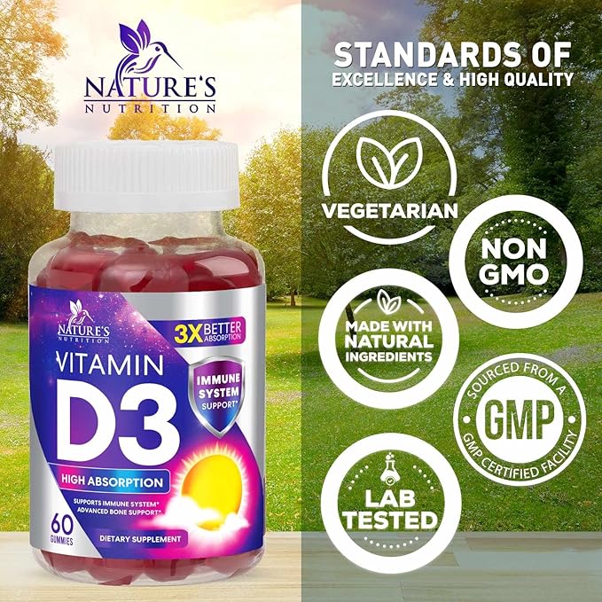 Vitamin D3 Supplement Gummy 5000 IU (125 mcg) Dietary Vitamins D for Men & Women - Bone, Teeth, Muscle & Immune Health Support, High Potency VIT D3 Nature's Non-GMO & Gluten Free - 60 Gummies