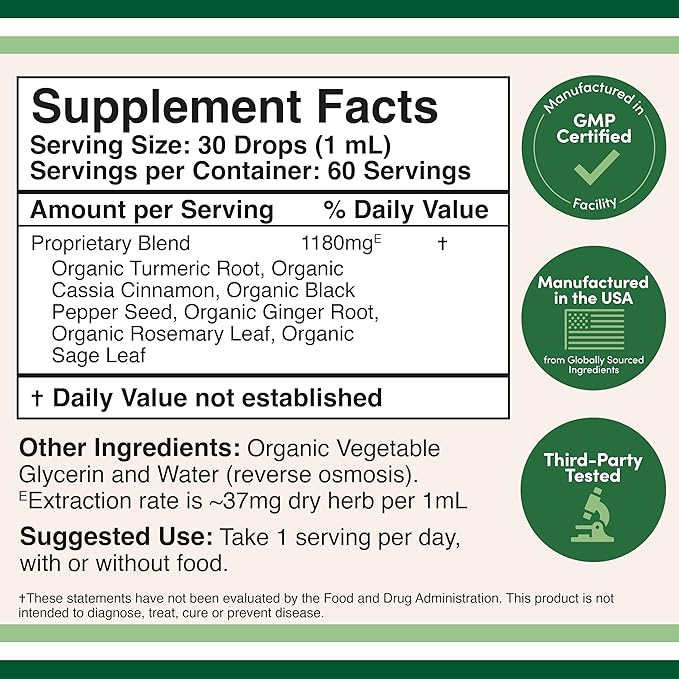 Turmeric Curcumin with Black Pepper Drops - Organic Turmeric Supplement Drops 1,180mg - 2FL OZ, 60 Servings (with Black Pepper Seed, Ginger, Rosemary, and Sage) for Joint Support by Double Wood