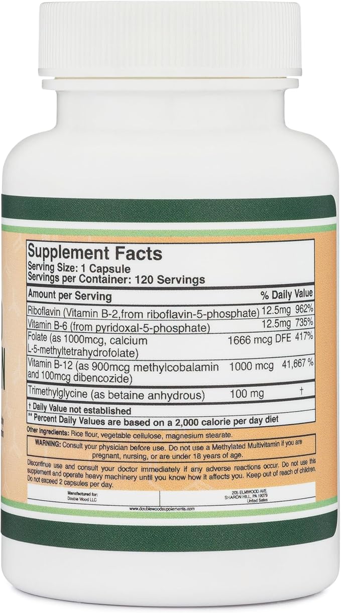Methylated Multivitamin (Methylated and Activated Vitamins Only - Methylated B Complex with Trimethylglycine (TMG) and Methylfolate)(Non-GMO, Gluten Free MTHFR Supplement) 120 Capsules by Double Wood