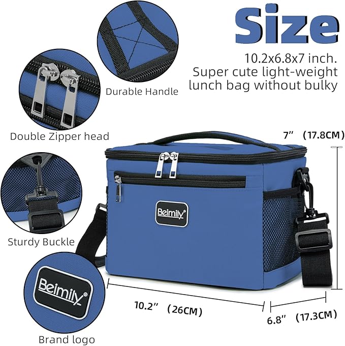 BEIMILY Lunch Box for Men/Women,Small Insulated Lunch Bag,Reusable LunchBox for work Picnic Hiking Beach,Leakproof Soft Cooler Tote Bag Organizer with Adjustable Shoulder Strap for Adults(Navy Blue)