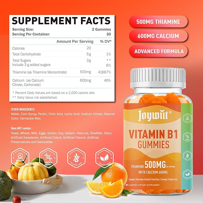 Vitamin B1 Gummies 500mg, Chewable Thiamine B1 Supplement for Adults, with 600mg Calcium Citrate, Support Nervous System, Vegan, Natural Orange Flavor