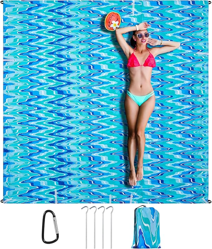 Beach Blanket Sandproof Beach Mat,82" X 82" for 1-4 Adults,Lightweight Quick Drying Picnic Mat for Travel, Camping, Hiking,Portable Beach Blanket