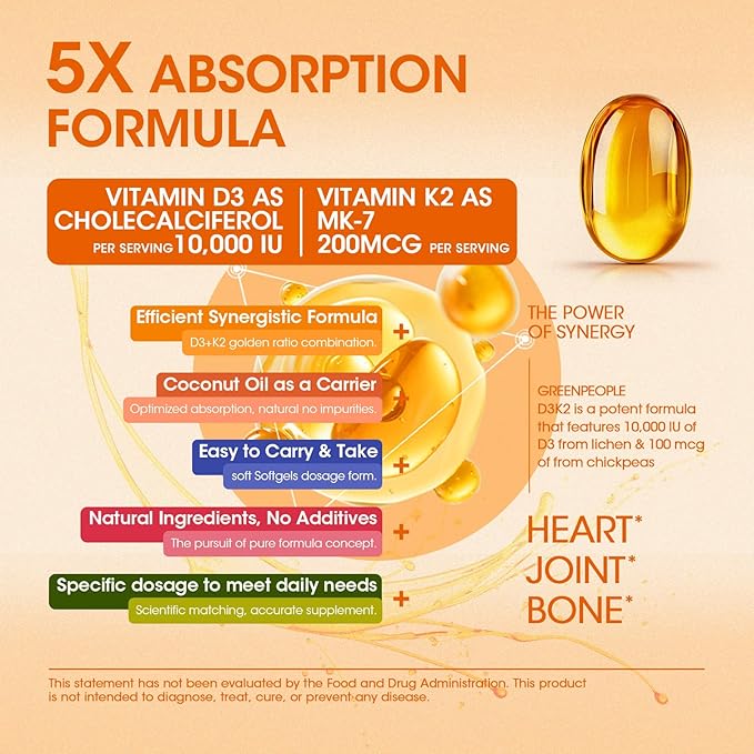 Vitamin D3 10,000 IU + K2 (MK-7) 200mcg w/Coconut Oil Softgels | 300-Count 2-in-1 Vegan vitamina d3 con k2 for Bone Health & Immune Support |Enhanced Absorption, Non-GMO, Easy to Swallow