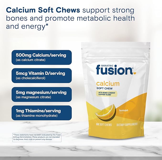 Bariatric Fusion Bariatric Calcium Chews | Calcium Citrate with Vitamin D3 Calcium Supplement Bariatric Vitamin | Sugar Free Calcium Citrate Chewable | Calcium Citrate 500mg | Lemon | 60 Count