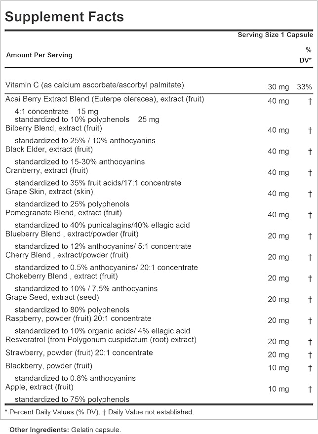 ANDREW LESSMAN Fruit Full Anti-Oxidant Extracts 60 Capsules - 14 Natural Fruit and Berry Extracts. Bilberry, Cranberry, Grape Seed, Pomegranate, Resveratrol, and More. Easy to Swallow Capsules