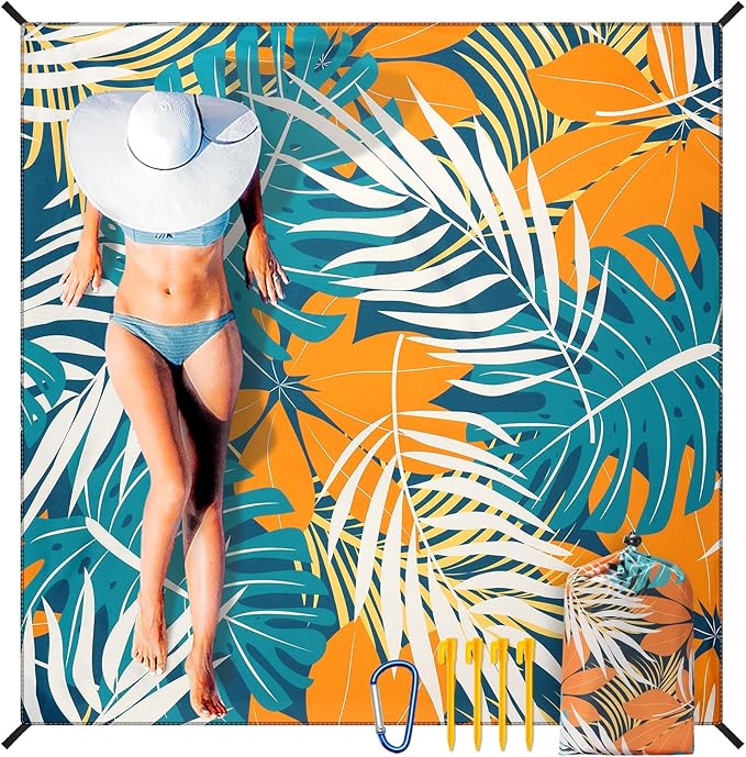 Beach Blanket Sandproof Extra Large Beach Mat Adults Waterproof Quick Drying Sand Free Mat Made by Premium Polyester with 4 Stakes & 4 Corner Pockets for Outdoor Travel Camping Hiking