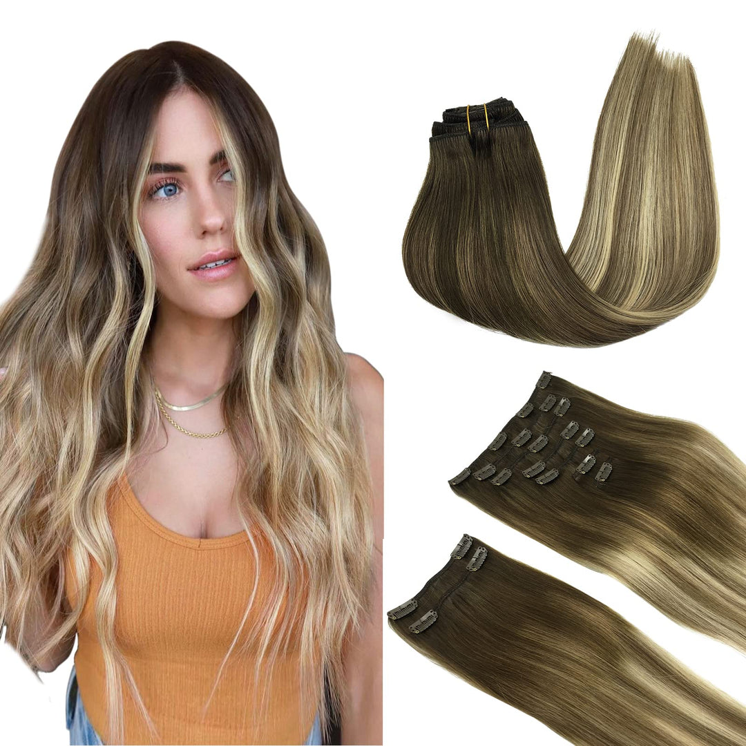 Maxita Clip In Hair Extensions Real Human Hair, 9Pcs 150G 16 Inch Balayage Walnut Brown To Ash Brown And Bleach Blonde Straight