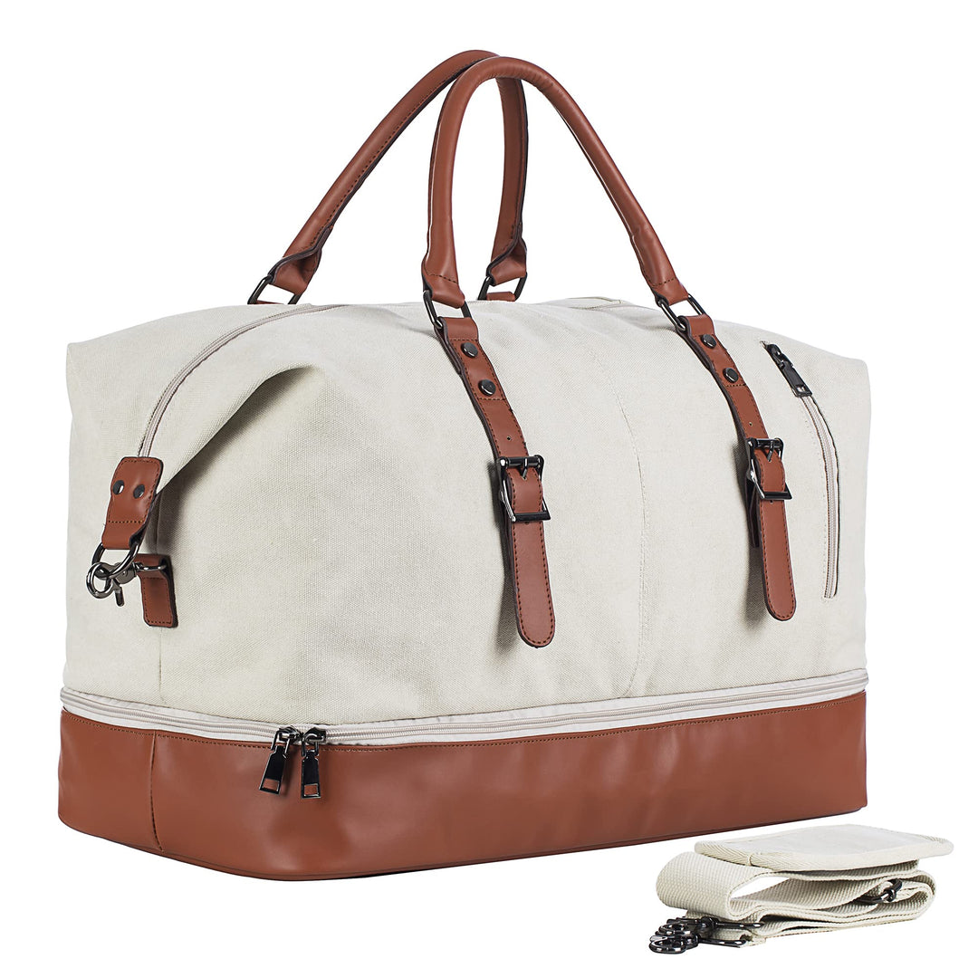 Weekender Bag for Women, Canvas Travel Tote Duffel Bags with Shoe Compartment Gym Sports Overnight Carry On Bag, White