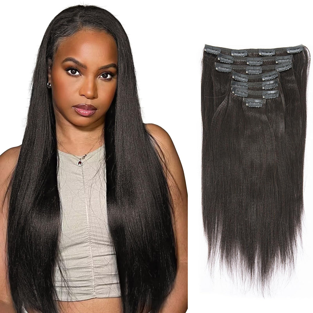 Lacer Light Yaki Clip In Hair Extensions, 16 Inch Remy Human Hair Natural Black Thick Yaki Straight Clip Ins For African America
